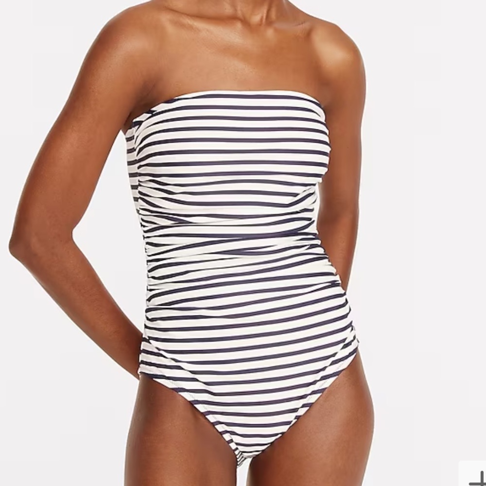 J.Crew Navy Ruched Bandeau One Piece Striped Swimsuit Sz 4